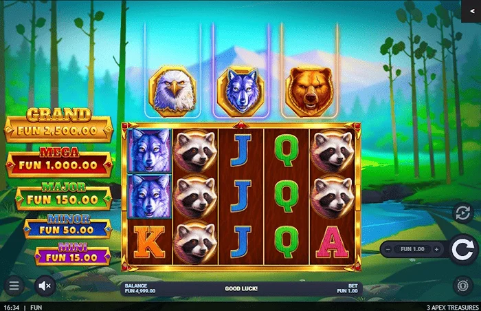 3 Apex Treasures - основен екран на играта с барабани 5x3
